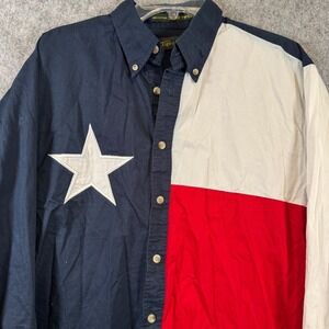 Vtg Texas Flag Button Up Shirt Mens Large Red Blue Long Sleeve USA Patriotic